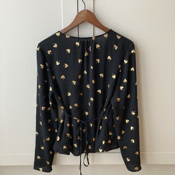 & Other Stories Blouse Womens UK 12 Black Gold Wrap Lined V-Neck Long Sleeve - Picture 4 of 11